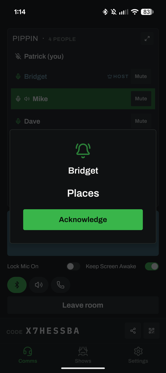 A Call from Bridget reading Places, with an Acknowledge button.