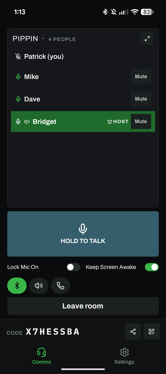 The app in a room called Pippin with four people on comms. Bridget, the host, is talking and her row is highlighted green. Below is the Hold to Talk button.
