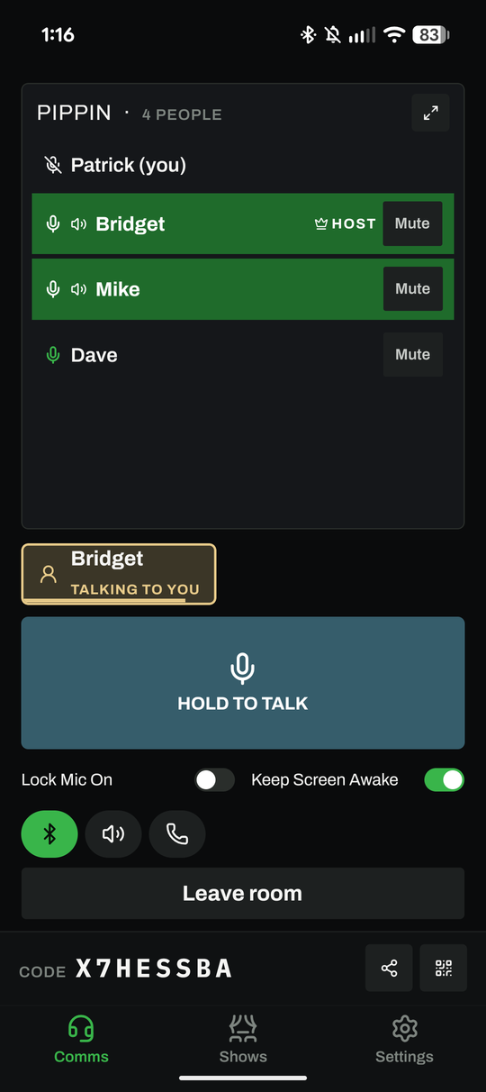 Bridget talking privately: a chip reads Bridget, talking to you.
