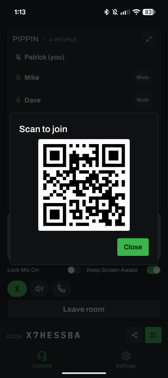 Scan to join: the room's QR code on the host's screen.