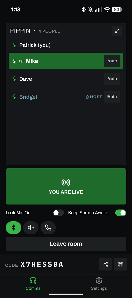 Patrick holding Talk: the button is green and reads You are live. Mike is talking and his row is highlighted.